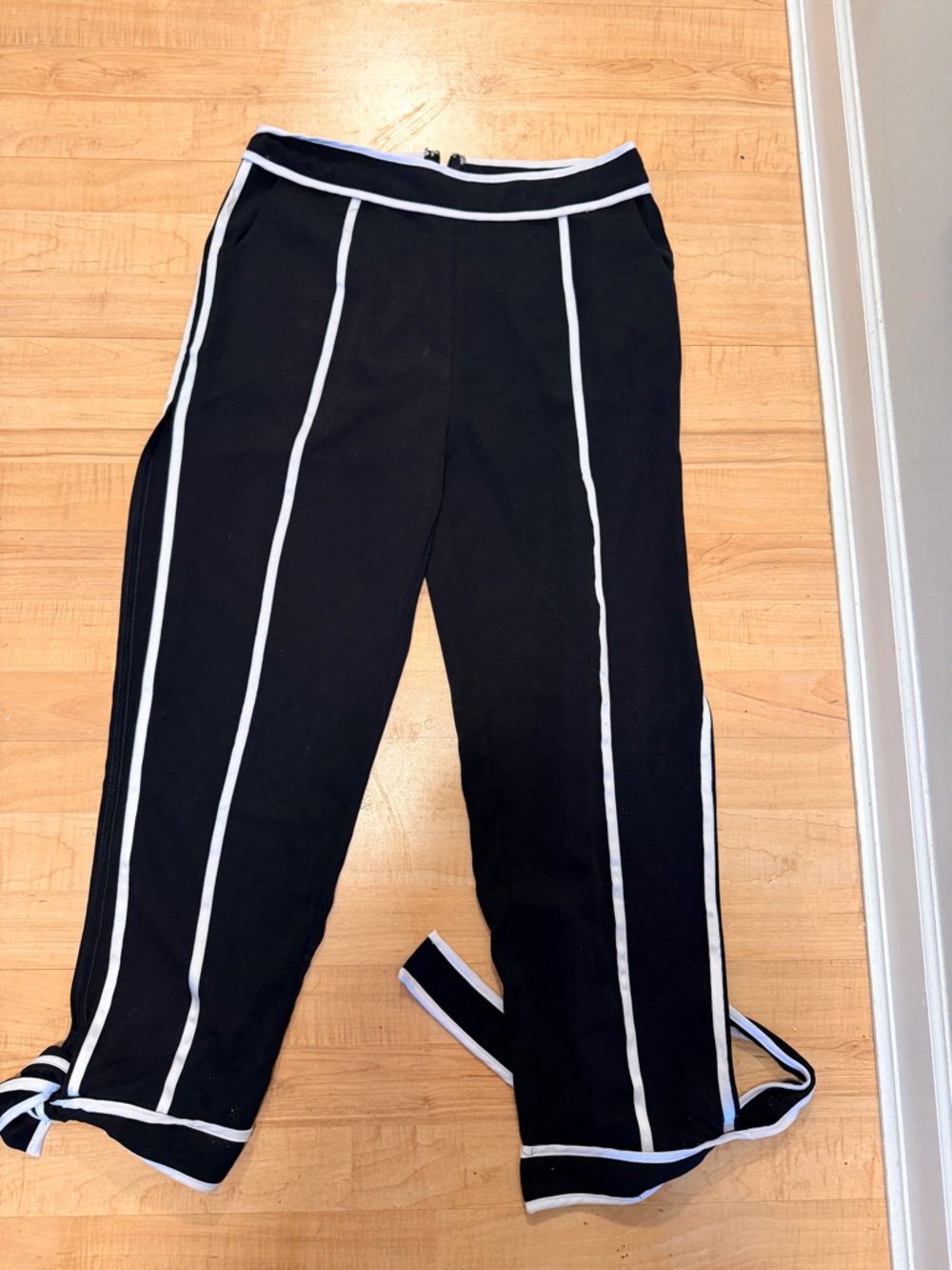 Black Track Pants with White Trim and Tie Hem - Picture 3 of 9
